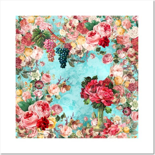 Elegant Vintage flowers and roses garden shabby chic, vintage botanical, pink floral pattern aqua blue artwork over a Wall Art by Zeinab taha